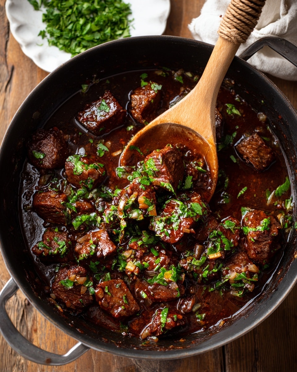 The image shows a black pan filled with thick brown sauce and many chunks of browned meat scattered across the surface. The sauce has small bits of onions and herbs mixed in, giving it a textured look. Bright green chopped herbs are sprinkled on top of the meat and sauce, adding color contrast. A wooden spoon with a wrapped handle rests in the pan, scooping up some of the meat pieces. The pan is on a wooden surface, with a white plate holding more chopped green herbs nearby. The overall look is warm and savory, with a rich sauce covering the tender meat pieces, photo taken with an iphone --ar 4:5 --v 7