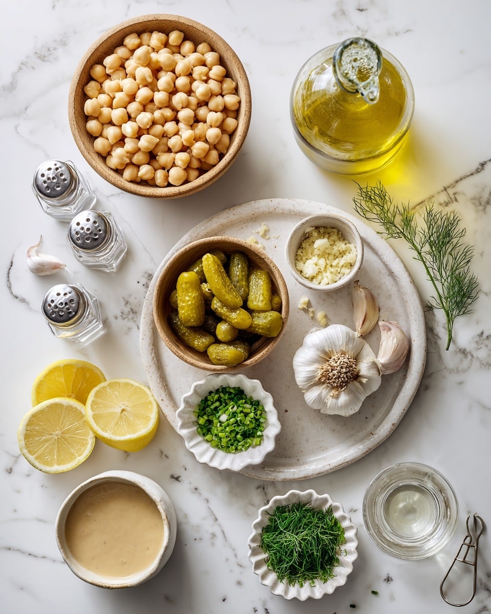 The image shows a collection of cooking ingredients arranged on a white marbled surface. At the top left, there is a wooden bowl filled with light beige chickpeas. Next to it on the right is a glass bottle filled with golden olive oil. Below the chickpeas, there are glass salt and pepper shakers. In the center, a large white marbled plate holds a small wooden bowl filled with chopped pale green pickles, a whole garlic bulb, a small beige bowl with finely chopped garlic, and a small beige bowl filled with bright green chopped dill, with extra sprigs of dill beside it. To the bottom right of the plate, a small white scalloped bowl contains finely chopped green chives. At the bottom left of the image are two squeezed lemon halves next to a metal lemon squeezer. Nearby, there is a small glass container of a clear liquid, and below it, a small bowl filled with a smooth beige tahini sauce. The arrangement is clean and bright, giving a fresh cooking vibe. photo taken with an iphone --ar 4:5 --v 7