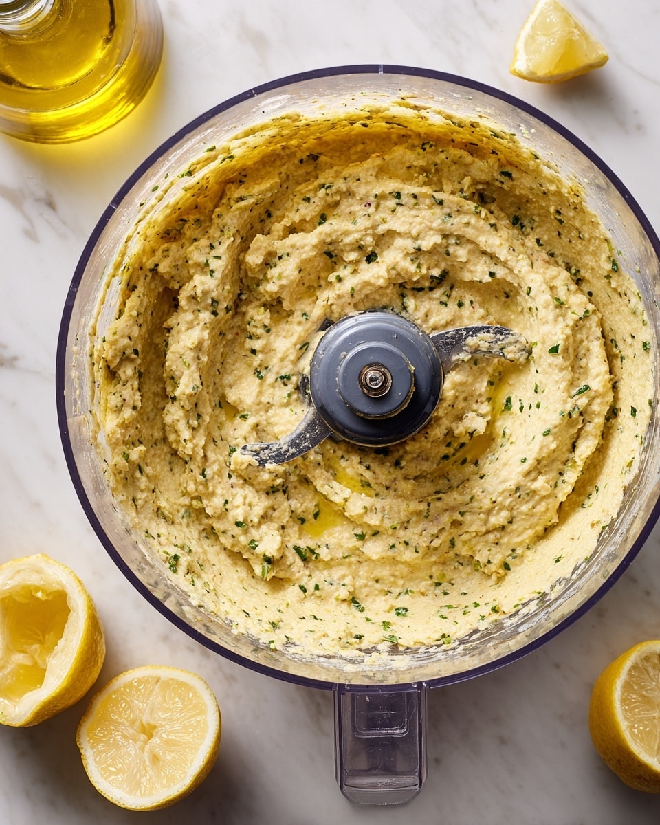 A clear food processor bowl filled with a thick, yellowish-beige creamy mixture, flecked with small green herb pieces, showing a slightly rough texture. The food processor blade is visible in the center of the bowl. Around the processor, at the top left, there is a clear glass bottle with yellow olive oil, and at the bottom left, two squeezed lemon halves with a bright yellow color. The scene is set on a white marbled surface. photo taken with an iphone --ar 4:5 --v 7