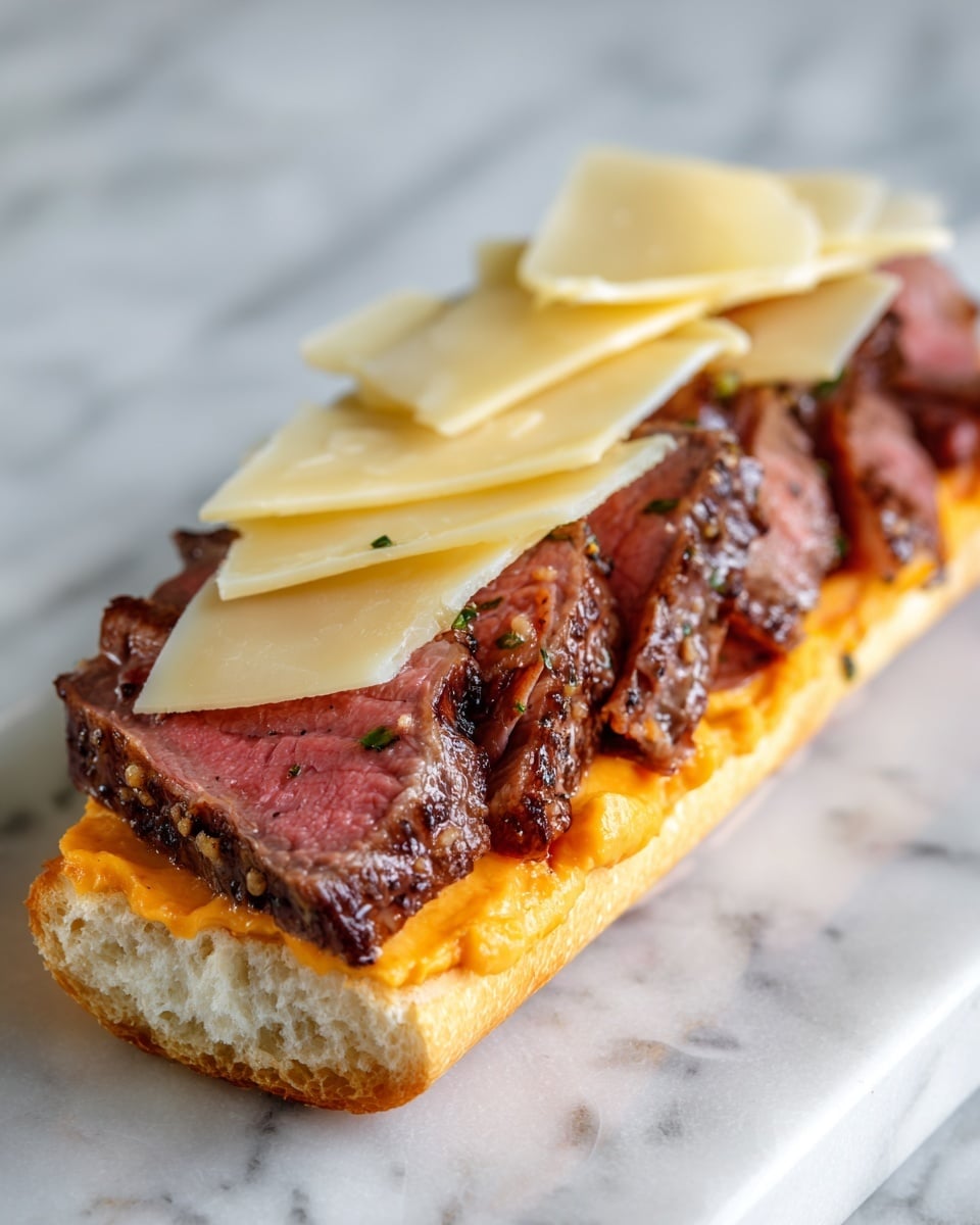 The image shows a sandwich open-faced on a white marbled surface. The bottom layer is a white bun base with an orange spread that looks creamy and smooth. On top of this spread, there are several layers of slices of cooked meat, which have a dark brown crust and a pinkish center, showing they are cooked medium rare. The meat pieces are slightly overlapped, covering the whole bun base completely. On the top, there are two thin layers of pale yellow cheese sheets that are soft and slightly folded. Photo taken with an iphone --ar 4:5 --v 7
