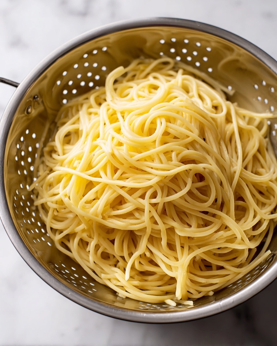 A close-up view of a silver metal colander filled with plain cooked yellow spaghetti noodles. The noodles are long, smooth, and loosely piled inside the colander, showing a slightly shiny texture. The colander has many small round holes around its sides and sits on a white marbled surface. photo taken with an iphone --ar 4:5 --v 7
