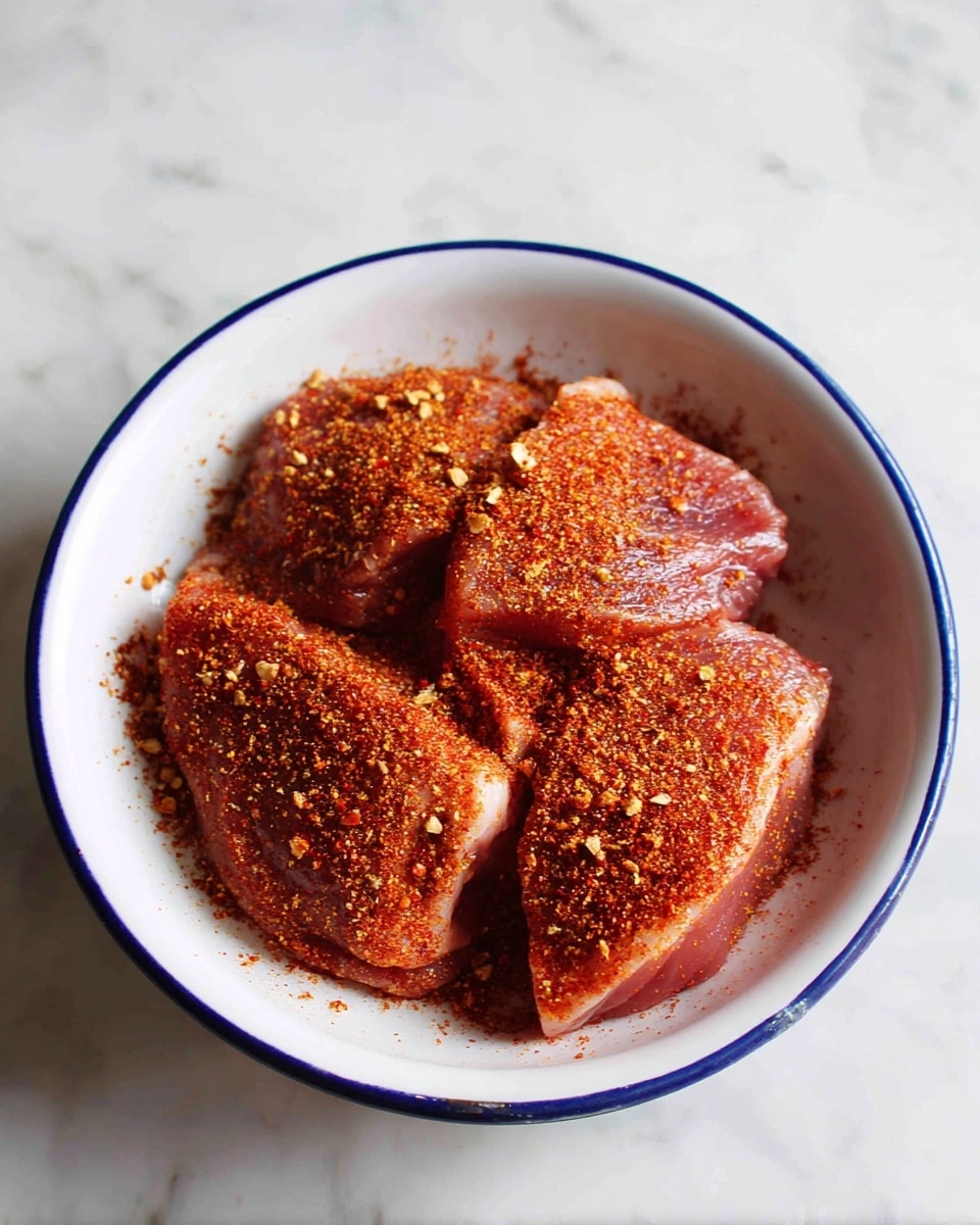 The image shows a white bowl with a thin blue rim, filled with four pieces of raw meat covered in a reddish-brown spice mix. The meat pieces are arranged closely to each other, with the spices spread unevenly on top, giving a textured look with some areas having more spice coverage. The bowl is placed on a white marbled surface, adding a clean and simple background to the image. photo taken with an iphone --ar 4:5 --v 7