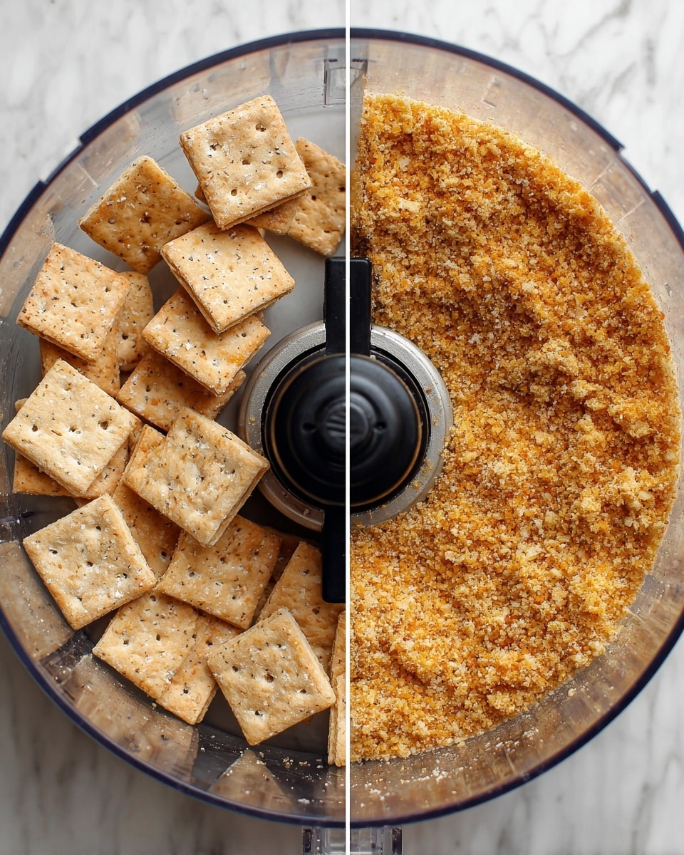 In the first part of the image, there are whole square crackers inside a clear food processor bowl, arranged unevenly with some leaning on the black center blade. The crackers are light brown with small white dots and a rough texture. In the second part, the crackers have been finely crushed into a crumbly, golden-brown sandy mix that fills the bowl evenly around the black center blade. Both bowls are on a white marbled surface. photo taken with an iphone --ar 4:5 --v 7