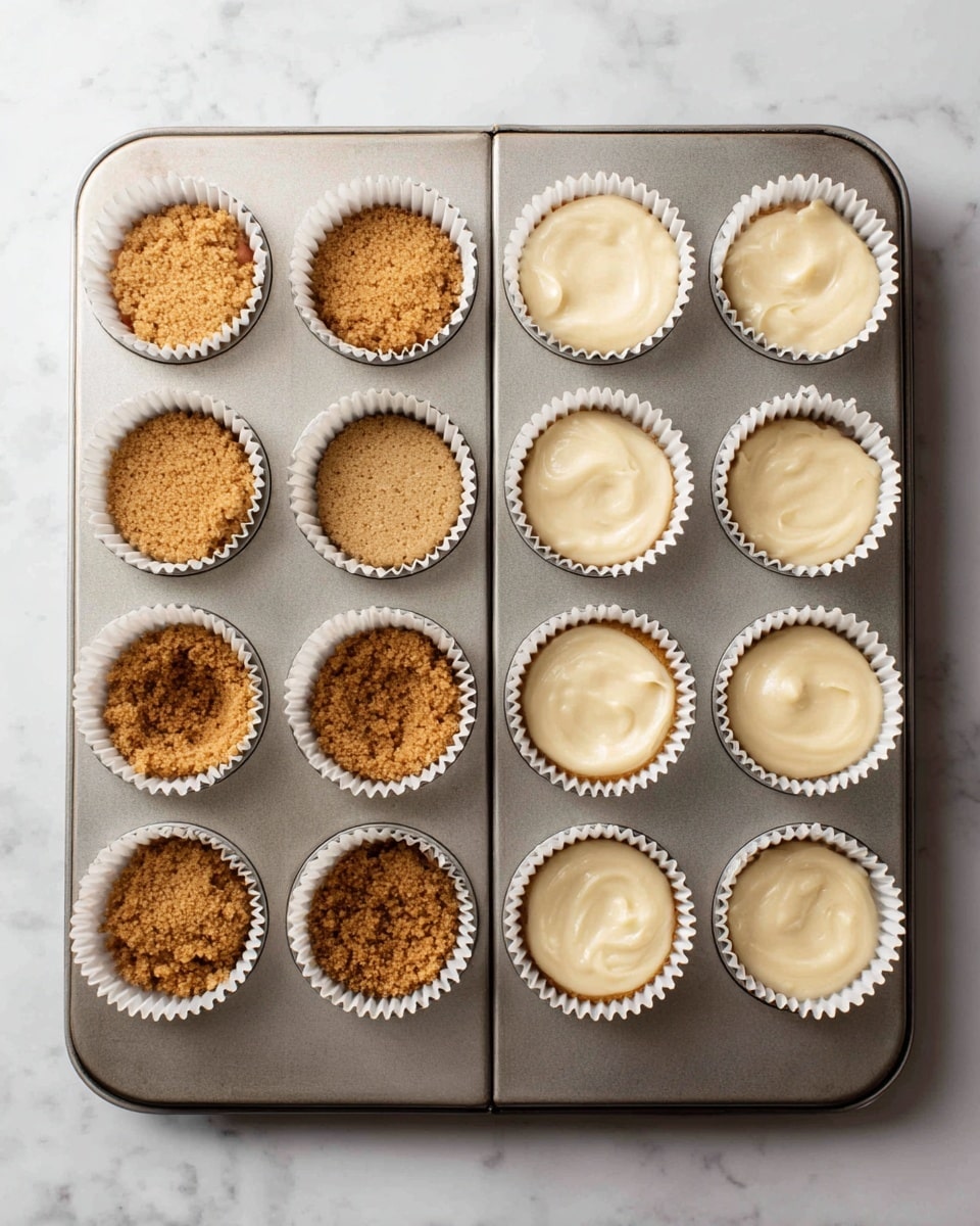 The image shows two stages of making cupcakes in a silver baking tray with white paper liners. The left side displays the first layer, where a crumbly, light brown mixture fills the bottom of each liner, forming an even base layer. On the right side, the second layer is shown, where a smooth, creamy off-white batter is poured over the crumb base, filling each liner almost to the top. Both layers have clear, distinct textures – the crumbly base and the smooth batter above it – all set on a white marbled surface. Photo taken with an iphone --ar 4:5 --v 7