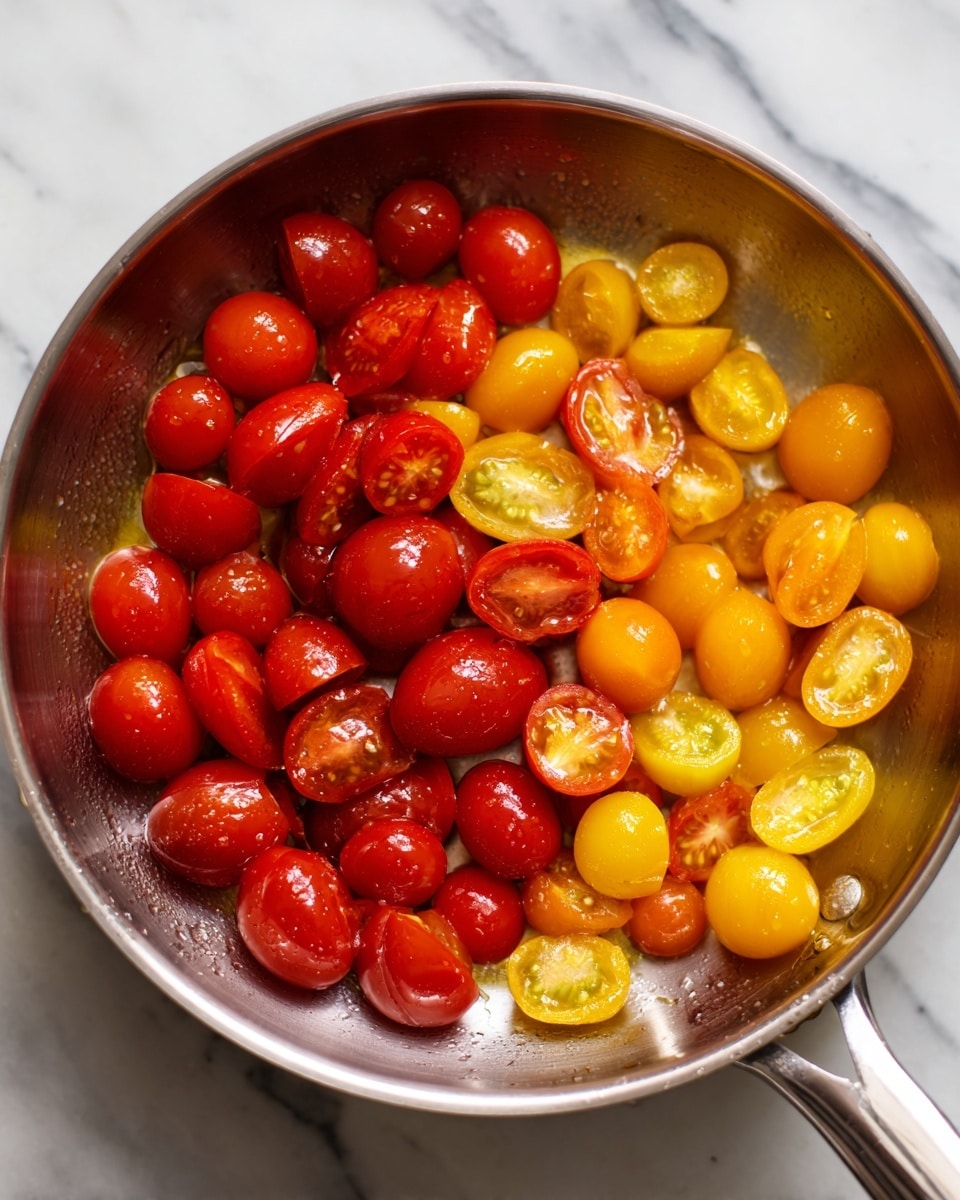 Inside a shiny silver frying pan, there are two layers of halved cherry tomatoes cooked in oil. The first layer is made up of bright red tomatoes with a smooth, shiny texture. The second layer has yellow tomatoes with a soft glistening look, mixed evenly with the red ones. The pan's inside reflects a little light, showing the juicy and oily texture of the tomatoes. The background is a white marbled texture. Photo taken with an iphone --ar 4:5 --v 7