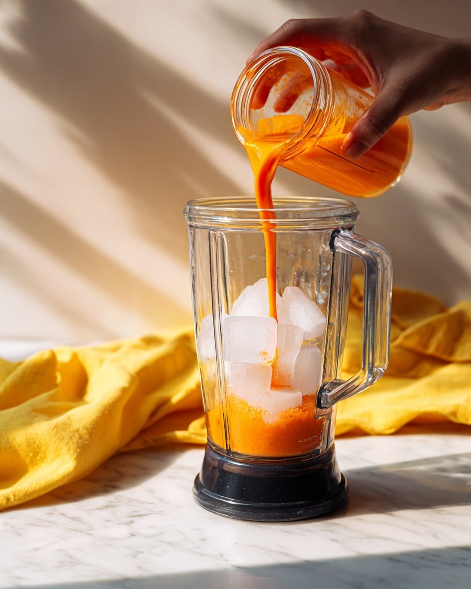 A woman's hand is seen pouring bright orange liquid from a small clear glass jar into a blender filled with several white ice cubes. The blender is clear with a black base and blades visible, sitting on a white marbled surface. To the left side, a soft yellow cloth is partially visible. The scene is lit with natural light, creating a fresh and clean look photo taken with an iphone --ar 4:5 --v 7