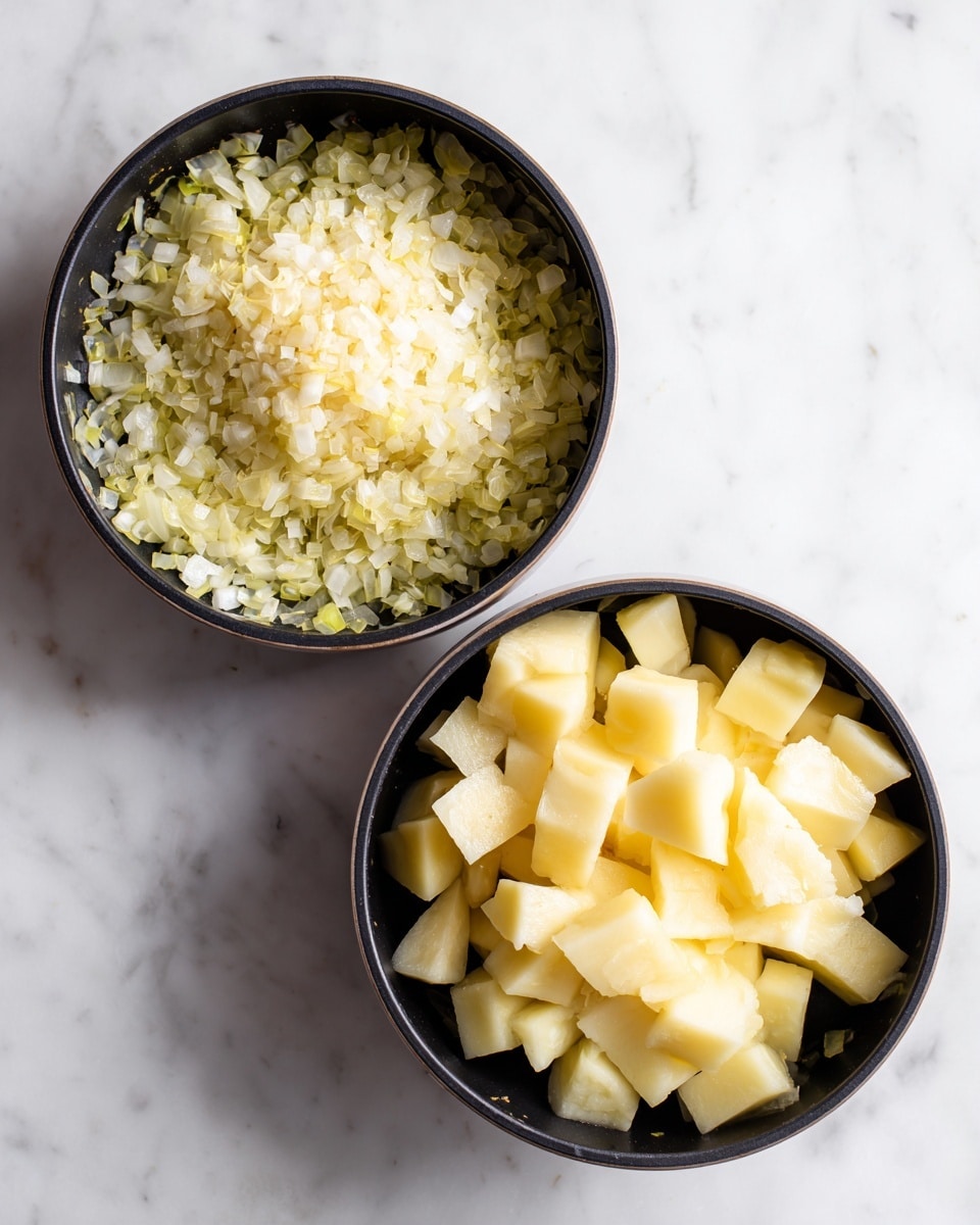 The image shows two black pans on a white marbled surface, each with chopped onions at the bottom. In the first pan on the left, there are only finely chopped onions covering the pan evenly with a pale yellow and light translucent texture. In the second pan on the right, the same chopped onions are visible, but on top, there is a layer of cubed pale yellow potatoes piled in the center, showing smooth, firm edges. The pans are round and the onions and potatoes fill the middle area of each pan, with some space visible around the edges. Photo taken with an iphone --ar 4:5 --v 7