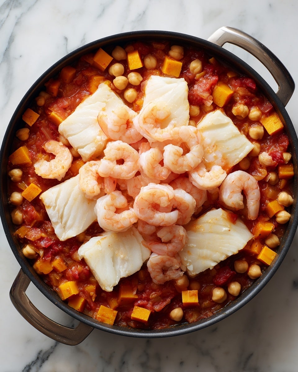 The image shows a round black pan filled with a colorful stew on a white marbled surface. The stew contains three main layers: a bottom layer of orange-yellow cubed vegetables mixed with round chickpeas and a tomato-based sauce. On top of this in the first photo is a layer of pale pink cooked shrimp arranged mainly on the left side of the pan. In the second photo, white fish fillets cover much of the stew, placed evenly on top of the shrimp and vegetables. The textures show the soft, slightly chunky sauce with tender shrimp and smooth fish pieces. Photo taken with an iphone --ar 4:5 --v 7