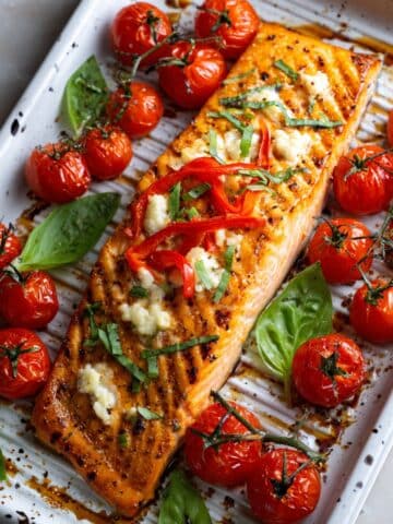 Caprese Stuffed Salmon with Balsamic Roasted Tomatoes Recipe