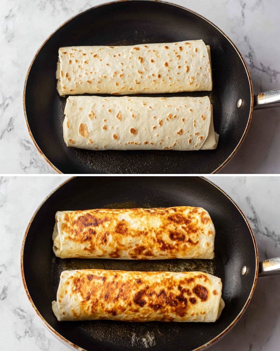 The image shows two wrapped burritos cooking in a black pan. In the top part of the image, the burritos are pale beige with small brown spots from the tortilla, lying flat in the pan side by side. In the bottom part, the burritos have been flipped to show a golden brown crust with some darker toasted patches, indicating a crispy texture. The pan has a slight oily shine around the burritos. The background is a white marbled texture. photo taken with an iphone --ar 4:5 --v 7
