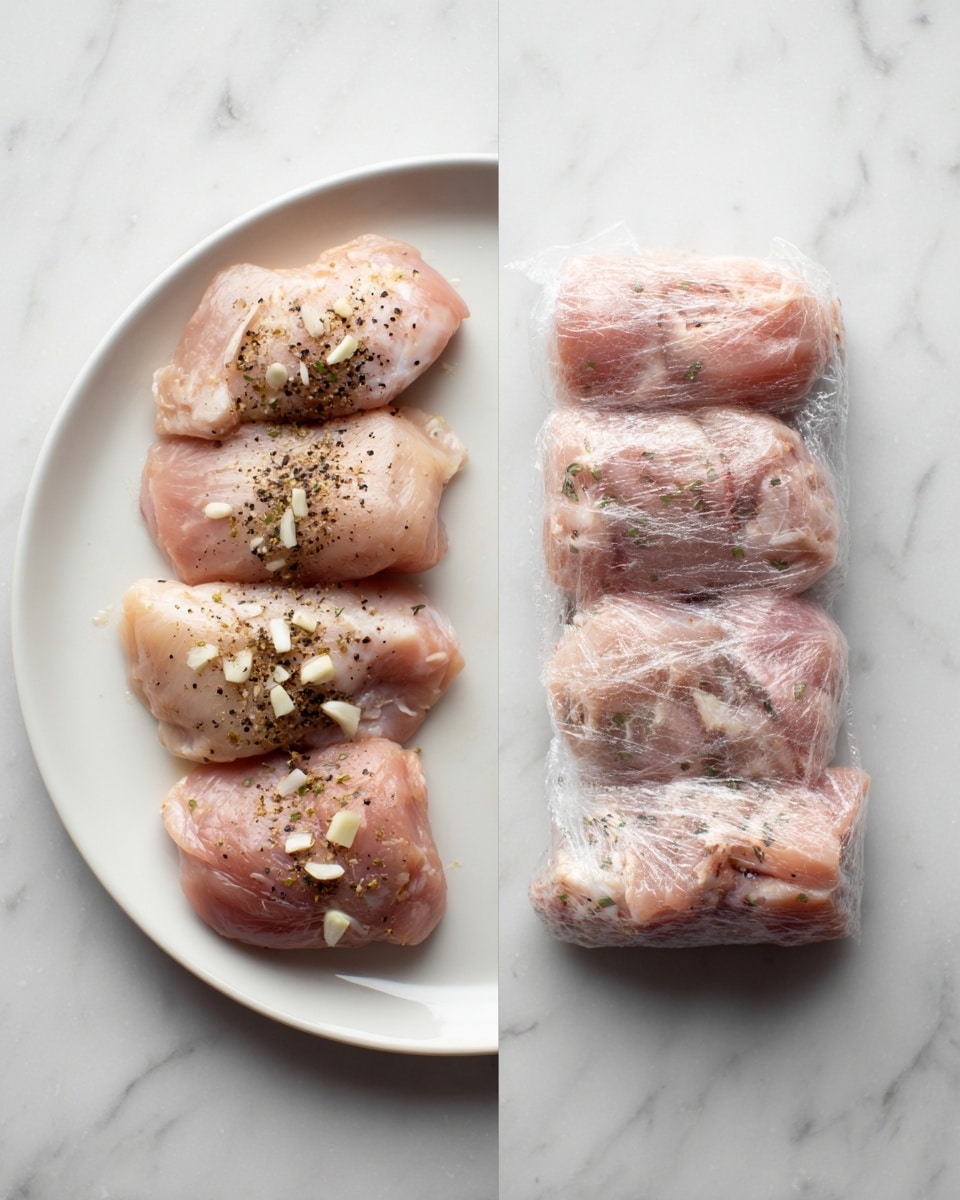 The image shows two side-by-side views of raw chicken pieces prepared differently. On the left, four unwrapped chicken pieces are laid out on a white plate on a white marbled surface, each piece seasoned with black pepper and small white bits, possibly garlic, visible on top and around. The chicken pieces vary slightly in size and shape but are all plump and pale pink with a raw, moist texture. On the right, the same chicken pieces are tightly wrapped in clear plastic wrap, making them appear firmer and more compressed, with the same seasonings visible through the wrap. The wrapped pieces are placed directly on the white marbled surface in a vertical line. photo taken with an iphone --ar 4:5 --v 7