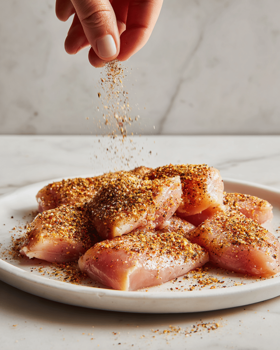 A white plate holds several pieces of raw pink chicken, spread out evenly across the surface. Each piece is sprinkled with a coarse mix of brown and black spices, creating a textured layer that covers the chicken. At the top right corner, a woman's hand is gently shaking more seasoning over the meat, with tiny particles visibly falling midair. The background shows a smooth white marbled texture. photo taken with an iphone --ar 4:5 --v 7