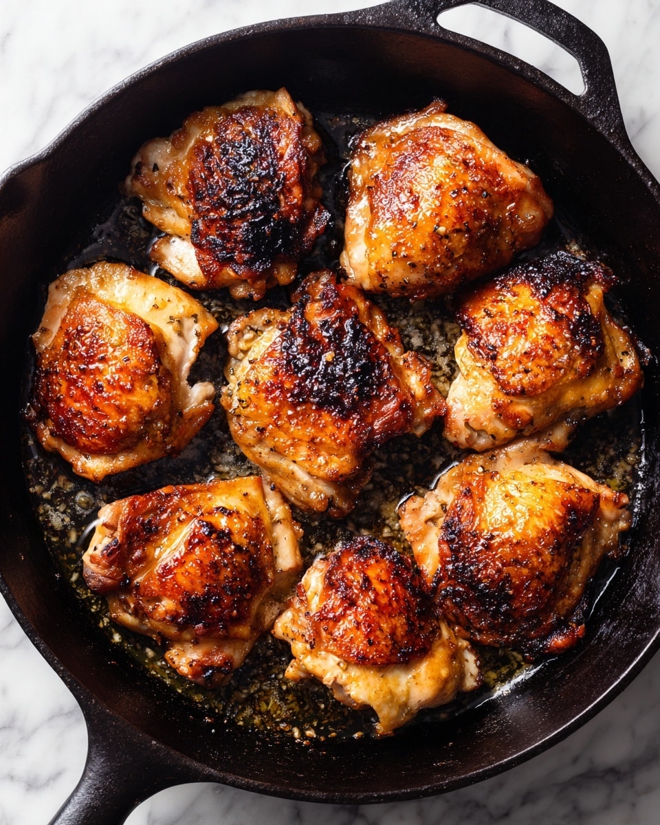 There are several pieces of cooked chicken with a golden brown and slightly crispy texture sitting in a black cast iron pan. The chicken pieces are irregular in shape and have darker charred spots from cooking. The pan has some small bits and oil scattered around the chicken, showing they are sizzling freshly cooked. The background is a white marbled texture. photo taken with an iphone --ar 4:5 --v 7