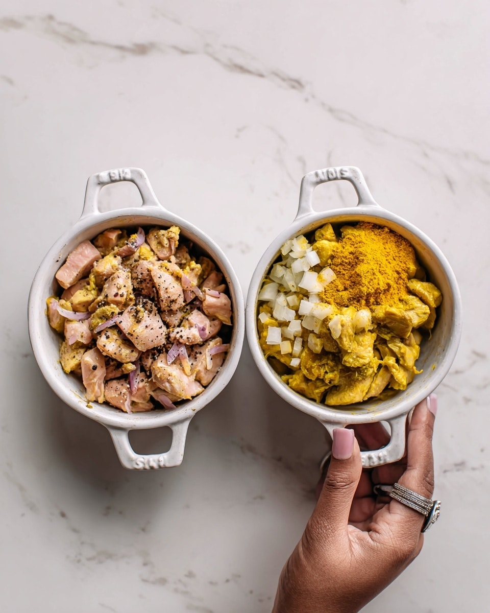 The image shows two white pots on a white marbled surface. The first pot is filled with small, light pink pieces of raw chicken sprinkled with black pepper. The second pot contains the same chicken pieces, now partially cooked and light beige in color, topped with chopped white onions and a heap of yellow turmeric powder. A woman's hand with a silver ring is visible, holding the pot on the right side. Both pots have visible handles, and the overall scene has a clean and simple look. Photo taken with an iphone --ar 4:5 --v 7