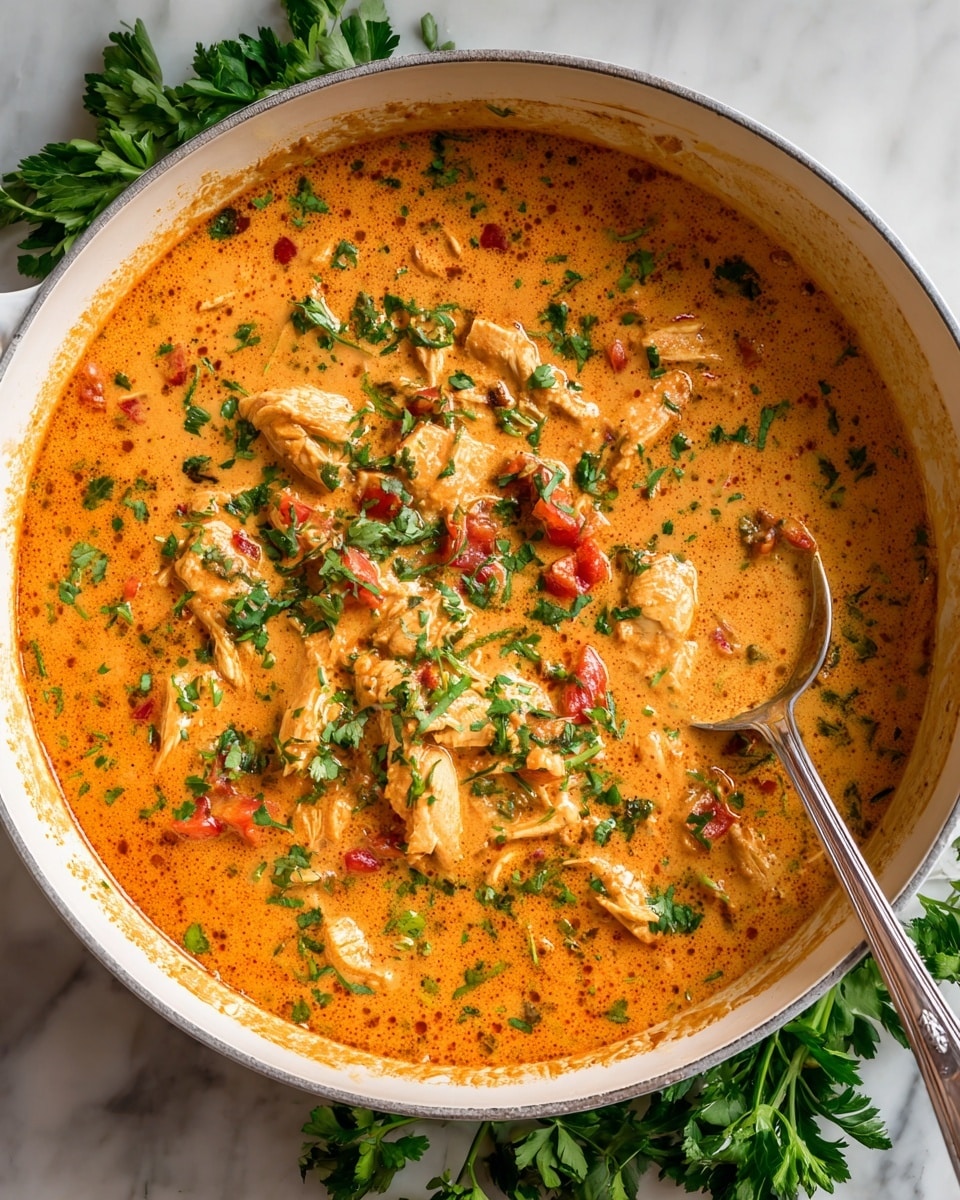 The image shows a large white round pan filled with a thick orange creamy curry that has visible chunks of light-colored chicken and small pieces of red tomatoes. The curry is speckled with chopped green herbs scattered evenly on top. A silver spoon is partially submerged in the curry on the right side, with the spoon handle resting on the edge of the pan. The pan is placed on a white marbled surface and surrounded by fresh parsley sprigs arranged around it. The curry has a smooth texture with some grainy bits, and the sides of the pan show orange sauce streaks. photo taken with an iphone --ar 4:5 --v 7