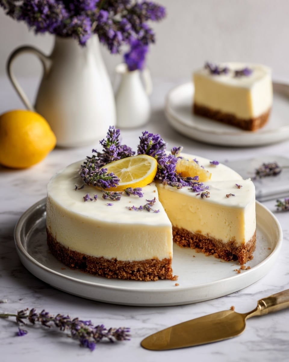 A slice of lemon cheesecake is on a white plate with two lemon slices placed beside it. The cheesecake has three layers: a crumbly brown base at the bottom, a thick creamy pale yellow middle layer, and a soft white whipped cream layer on top garnished with small purple lavender flowers. A gold fork holds a small bite of the cheesecake near the slice. In the background, more cheesecake slices are on a white cake stand, all set on a white marbled surface. photo taken with an iphone --ar 4:5 --v 7