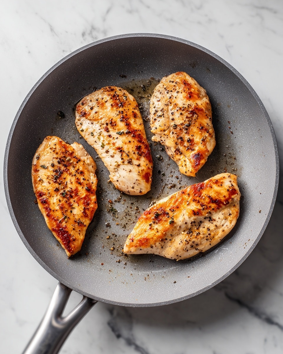 Four pieces of cooked chicken pieces with golden brown edges and light seasoning of black pepper are placed in a round gray frying pan. The chicken pieces are spread around the pan, showing some crispy browned spots and juices from cooking. The surface under the pan is white marbled texture. photo taken with an iphone --ar 4:5 --v 7