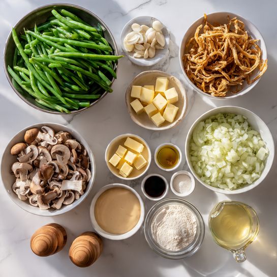 The image shows several ingredients arranged neatly on a white marbled surface. There is a large metal bowl filled with fresh green beans bright and crisp at the top left. Below it, a white bowl holds sliced mushrooms with a light brown and white texture. Next to that is another white bowl containing crispy fried onion strips with a golden and crunchy look. To the right, there is a white bowl full of finely chopped white onions. A smaller white bowl below shows a creamy beige sauce with a smooth texture. Nearby, small metal cups hold several ingredients: small cubes of pale yellow butter, light yellow grated cheese, finely chopped garlic, a dark liquid sauce, and a clear light liquid, all in neat portions. A glass measuring cup with a pale yellow liquid is placed near the bottom right, along with a small white container of flour. Two clear glass shakers with wooden tops sit at the bottom left corner. The setup looks clean and organized, ready for cooking photo taken with an iphone --ar 4:5 --v 7