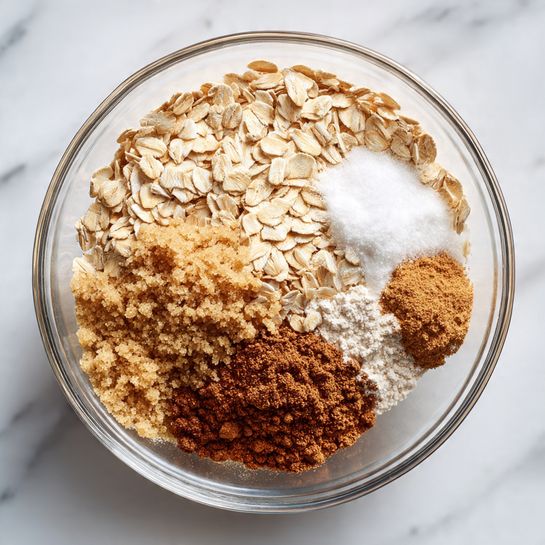 A clear glass bowl contains a mix of dry ingredients layered side by side. The largest layer is light tan rolled oats covering most of the bowl, with a smaller pile of fine white powder, likely flour, on one side. Next to the oats, there is a large, crumbly pile of light brown sugar, its texture soft and coarse. Below the sugar, there is a smaller mound of dark brown, fine cinnamon powder and a tiny cluster of finely ground mixed spices in darker shades of brown, creating a varied and textured look. The bowl sits on a white marbled surface. photo taken with an iphone --ar 4:5 --v 7