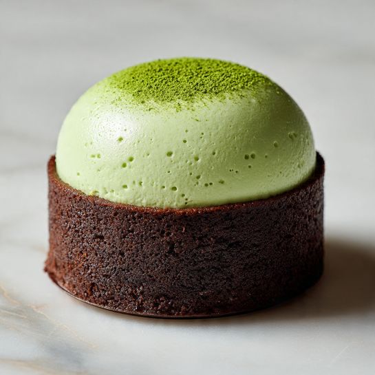The image shows a round dessert with three clear layers, placed on a white marble cake stand with a copper base. The bottom layer is dark brown and looks like a dense cake or crust. Above it is a thick middle layer of pale green ice cream or mousse with small dark chocolate chunks inside. The top layer is a fluffy, white meringue with golden brown toasted peaks creating a wave-like texture across the surface. A slice is missing, showing the layers inside. Next to the cake stand is a silver knife and a folded dark grey cloth on a white marbled surface. In the background, there are greenish-white stacked plates with forks on top. Photo taken with an iphone --ar 4:5 --v 7