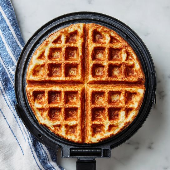 A single golden-brown waffle cooked inside a black waffle maker is centered in the image. The waffle has a slightly uneven, fluffy texture with square indentations that show lighter and darker shades of brown, giving it a warm and fresh look. The waffle maker's round cooking surface is dark and has a grid pattern matching the waffle's shape. The whole scene is set on a white marbled surface with a blue and white striped fabric partially visible on the left side. Photo taken with an iphone --ar 4:5 --v 7