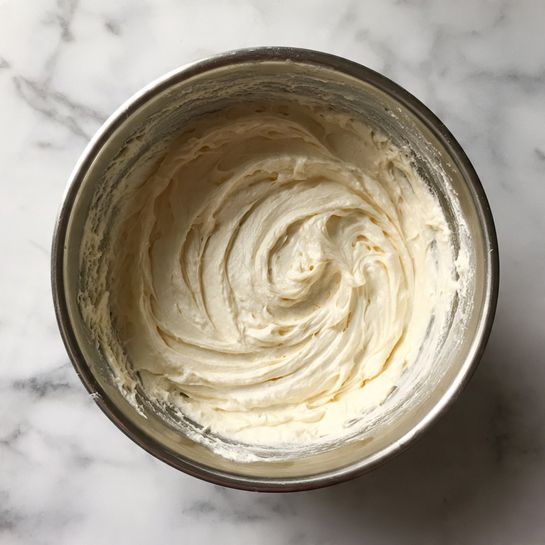 A shiny silver metal bowl sitting on a white marbled surface holds a single layer of thick, smooth, pale cream-colored batter with swirled texture made from soft peaks and folds. The batter sticks lightly to the sides of the bowl, showing its creamy consistency, while the center has soft, curving ridges in a circular pattern. photo taken with an iphone --ar 4:5 --v 7