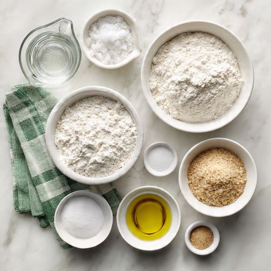 Top view of six white bowls and one clear glass measuring cup on a white marbled surface. The two biggest bowls at the top contain white flour with a soft, powdery texture. Below and to the left, the clear glass measuring cup holds transparent water. To the right of the water, two medium white bowls hold white granulated salt and light beige dry yeast. Below them, three smaller white bowls contain golden olive oil, white coarse sea salt, and light brown sugar, each with a smooth and slightly shiny surface. A green and white checkered cloth sits at the bottom left corner. photo taken with an iphone --ar 4:5 --v 7