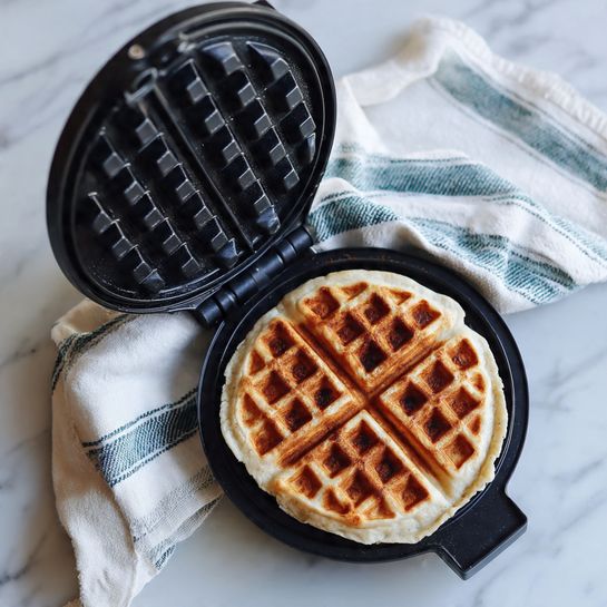 The image shows an open black waffle maker placed on a white marbled surface, with a semi-baked flat round dough inside the lower plate. The dough has a light brown and beige cracked pattern on top, resembling a turtle shell. The waffle maker's upper grilling plate is lifted, showing its grid texture. A white cloth with blue stripes is partly visible on the left side. Photo taken with an iphone --ar 4:5 --v 7