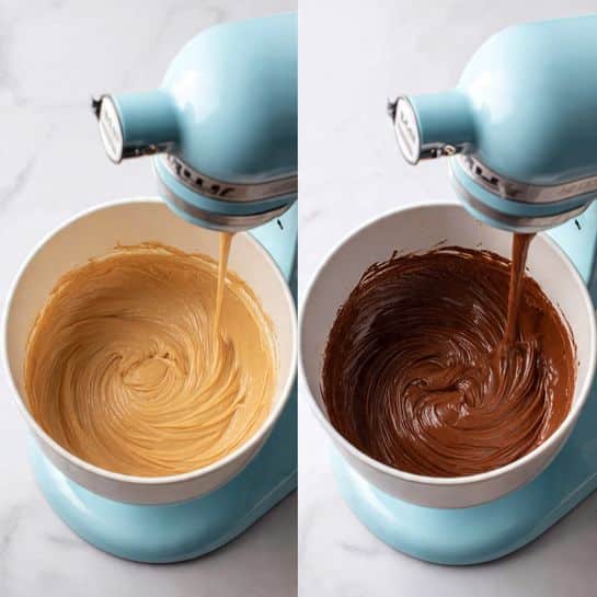 Two close-up images show thick, smooth batters being mixed in a white bowl attached to a light blue stand mixer. The left image has a creamy beige batter swirling smoothly under the paddle attachment. The right image shows a rich, glossy chocolate batter with folds and swirls created by the paddle. Both bowls are in the same light blue mixer, placed on a white marbled surface. photo taken with an iphone --ar 4:5 --v 7