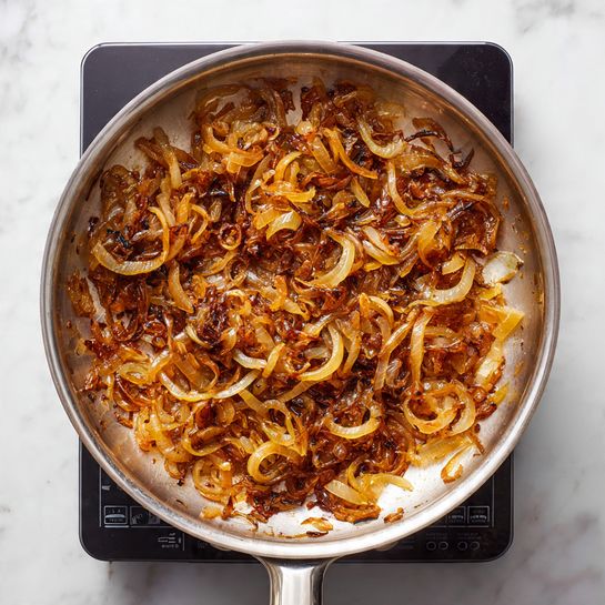 A silver pan filled with one layer of caramelized onions that are light to dark brown in color and have a shiny, soft texture. The onions are spread evenly across the bottom of the pan, with some darker bits stuck to the sides and base. The pan rests on a black digital induction cooktop that shows various buttons and a small screen, all set on a white marbled surface. Photo taken with an iphone --ar 4:5 --v 7