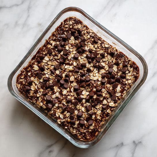 A clear square glass baking dish sits on a white marbled surface, filled with a single layer of chocolate and oat mixture. The base is a wet, dark brown, chocolatey oatmeal texture dotted with visible light tan rolled oats. Scattered generously on top are many small, dark chocolate chips, contrasting with the lighter oats beneath. The mixture looks moist and unevenly spread within the dish with no additional layers visible photo taken with an iphone --ar 4:5 --v 7