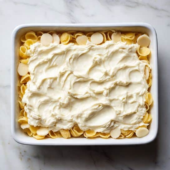 The image shows a white colander filled with cooked short tube pasta that is light yellow in color. The pasta is evenly distributed inside the colander, which has metal handles on both sides and small holes throughout its surface. The colander is placed on a surface with a white marbled texture. Photo taken with an iphone --ar 4:5 --v 7