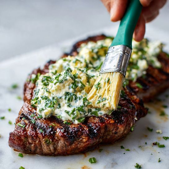 A close-up view of a cooked steak on a white marbled surface, with a thick layer of creamy herb butter spread on top. The steak has a dark brown, grilled texture with visible char marks indicating it is well-cooked. The creamy butter layer is light white with small chunks and specks of green herbs and garlic mixed evenly across the surface, creating a slightly lumpy but smooth texture. A woman's hand with a green brush is gently spreading the butter mixture over the steak from the top, showing long, soft brush bristles that contrast against the rich meat underneath. photo taken with an iphone --ar 4:5 --v 7