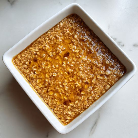A square white baking dish sits on a white marbled surface, filled with a one-layer oatmeal dessert. The oatmeal layer is thick and textured, with visible oats soaking in a warm, golden-orange sauce that has a slightly sticky shine. There are a few darker brown spots on top, hinting at cinnamon or spice sprinkled over the surface. The edges are uneven but contained perfectly within the dish. Photo taken with an iphone --ar 4:5 --v 7