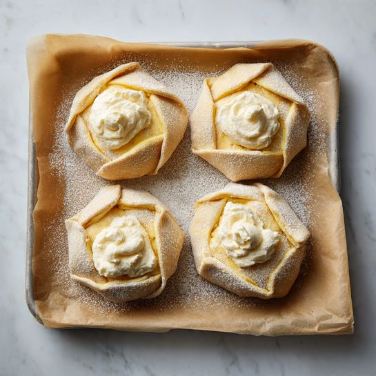 The image shows four unbaked pastry shapes on a baking tray lined with parchment paper, set on a white marbled surface. Each pastry has one main layer of golden-yellow dough, folded into an octagon shape with the corners folded in towards the center. In the middle of each pastry is a dollop of smooth, creamy white filling that sits slightly raised above the dough. The dough has a light dusting of flour on top, giving it a slightly powdery texture. The overall look is neat and ready to bake, arranged in two rows with two pastries in each row. photo taken with an iphone --ar 4:5 --v 7