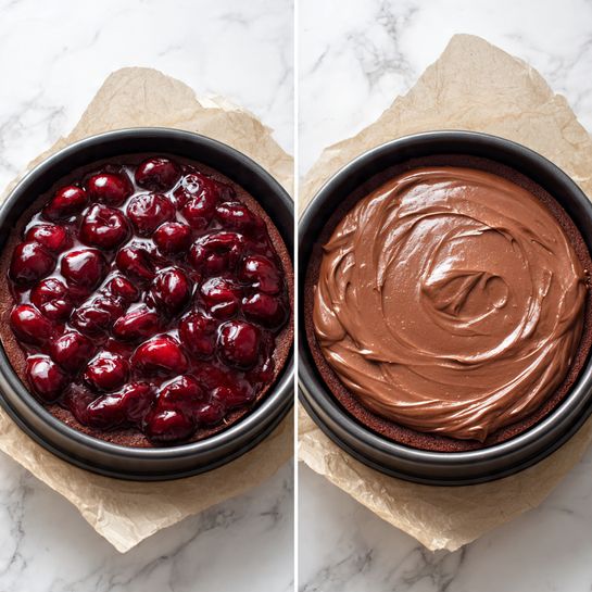The image shows a two-step process of making a chocolate dessert in a round black pan placed on a white marbled surface. The first part shows a pan with a smooth, thick layer of chocolate mixture spread evenly at the bottom, topped with a shiny, chunky dark red cherry layer covering the entire surface. The second part shows the same pan with a smooth, thick chocolate layer spread evenly on top, hiding the cherry layer beneath. The chocolate layers look creamy and rich, and the pan sits on crumpled light brown parchment paper. Photo taken with an iphone --ar 4:5 --v 7