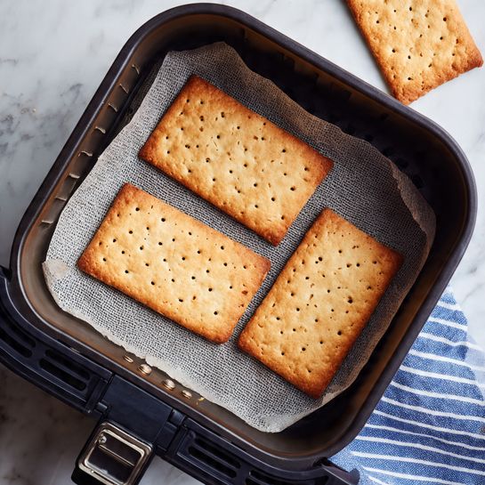 The image shows three rectangular, golden-brown crackers evenly placed inside a black air fryer basket lined with a gray parchment paper that has holes. The crackers have a slightly crisp texture with small holes on their surface and some variation in browning. The air fryer basket has a smooth matte finish and is positioned on a white marbled surface. Part of a striped blue and white cloth is visible to the right edge, and a corner of another cracker is peeking from the top right side. Photo taken with an iphone --ar 4:5 --v 7