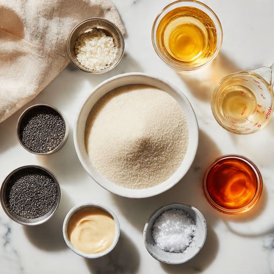A white bowl filled with a mound of white granulated sugar is centered in the image, surrounded by six small metal and white dishes arranged below and to the sides. To the right side, there are two small white dishes filled with amber and golden brown liquids, and above them is a glass measuring cup with a pale yellow liquid inside. Below the sugar bowl, two small metal cups hold black poppy seeds and chopped white onions. Another metal cup near the bottom of the image contains a light tan, creamy substance. A small metal container holding white salt is placed just below the sugar bowl. To the left in the upper corner, a beige linen cloth rests softly on the white marbled surface. photo taken with an iphone --ar 4:5 --v 7