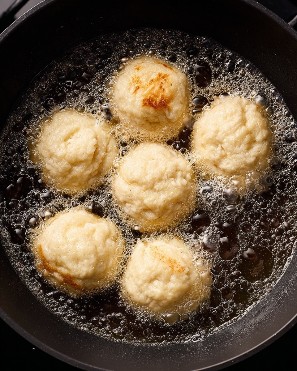 The image shows five pieces of light beige dumplings frying in hot bubbling oil inside a black pot. The dumplings have a soft dough texture and are slightly puffy as they cook, surrounded by many small round bubbles in the oil. The pot’s interior is dark and smooth with a matte finish, contrasting with the shiny oil bubbles and the pale dumplings. The photo is taken from a top view, clearly showing the round shape of the pot and the cooking dumplings inside. photo taken with an iphone --ar 4:5 --v 7