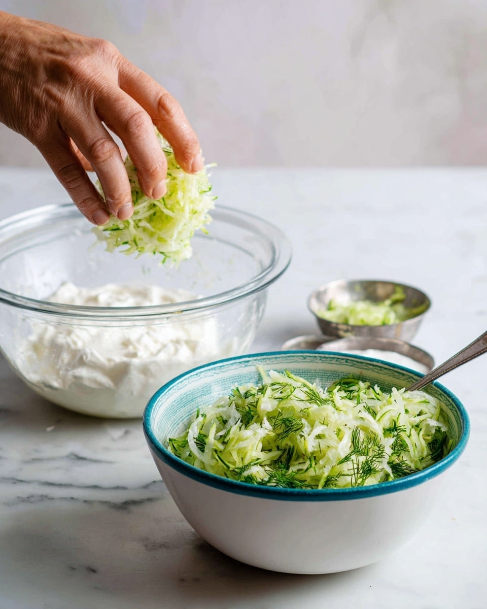 The left side shows a woman's hand squeezing grated light green cucumber over a clear glass bowl, with small silver bowls of more grated cucumber and white creamy yogurt in the blurry white marbled background. On the right side, a white bowl with a turquoise rim holds layers of grated light green cucumber mixed with fresh dark green dill, and next to it, a generous white yogurt dollop, with a silver spoon resting inside. The scene is bright with a clean white marbled surface under the bowls. photo taken with an iphone --ar 4:5 --v 7