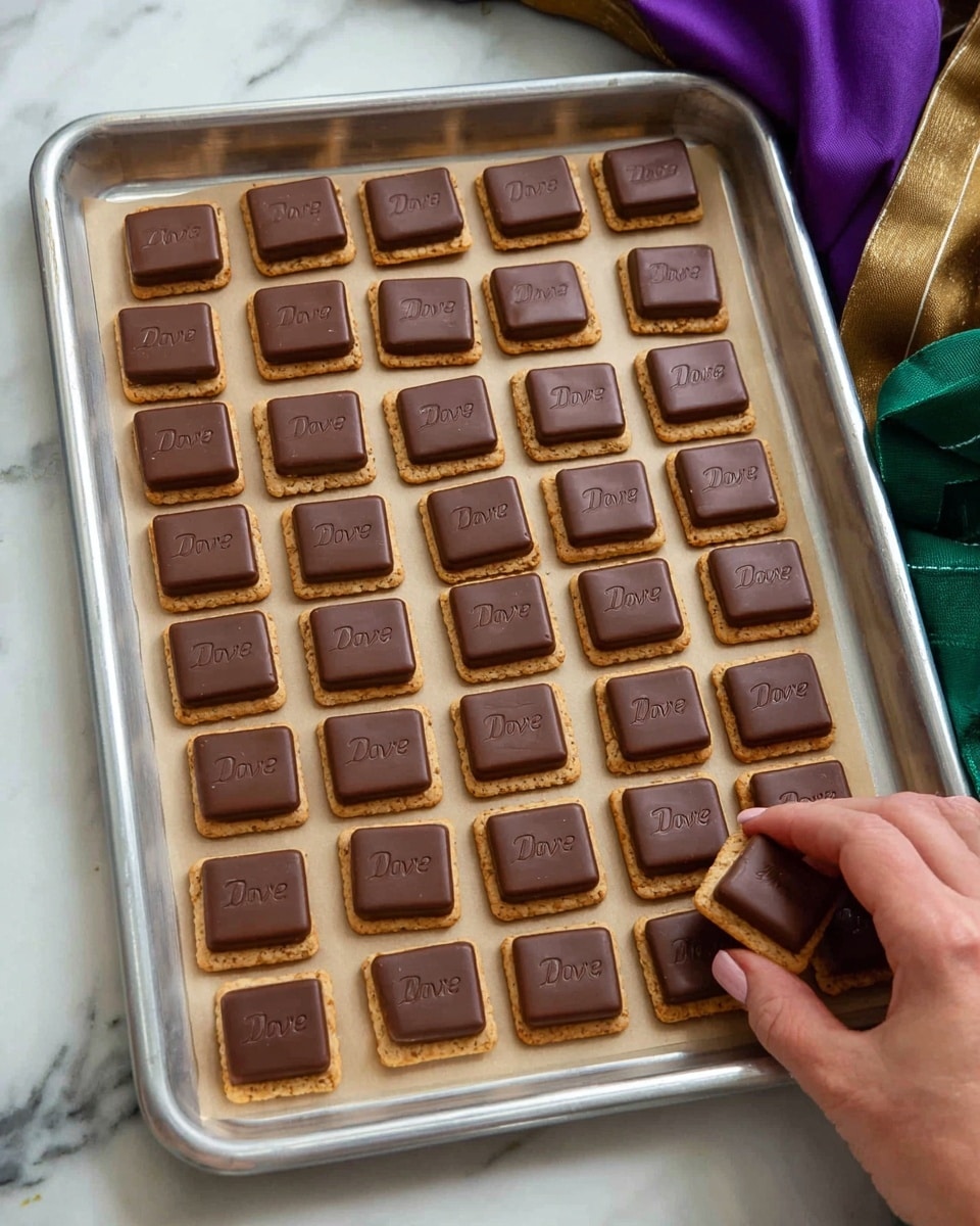 A silver baking tray lined with light brown parchment paper holds six rows of six small treats, totaling 36 pieces. Each treat has two layers: the bottom layer is a light golden square-shaped cracker with a slightly rough texture, and the top layer is a smooth, dark brown square chocolate piece with a shiny surface and the word