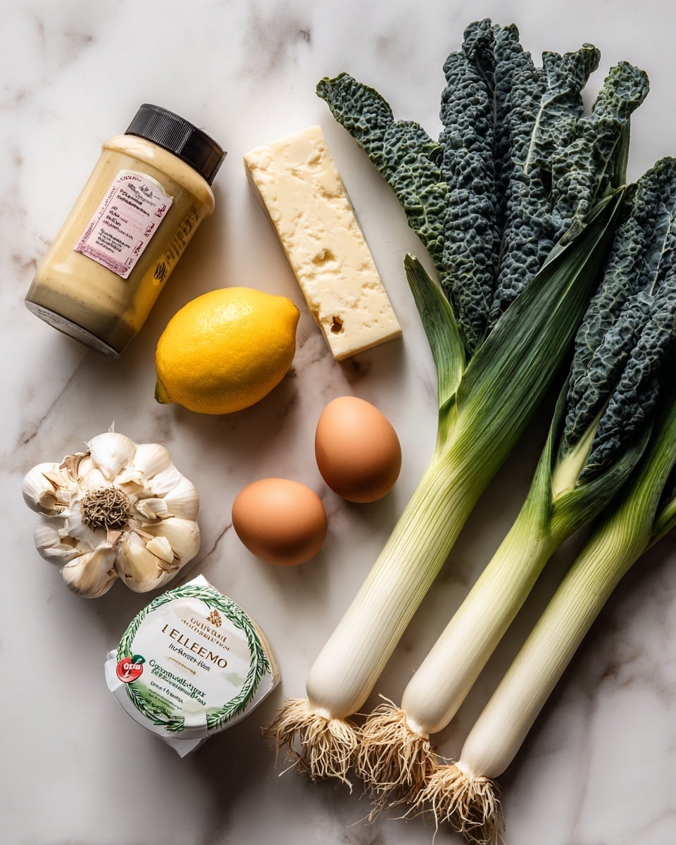 The image shows a collection of fresh cooking ingredients arranged neatly on a white marbled surface. There are two brown eggs placed close together near a bright yellow lemon, and next to them is a whole garlic bulb with several cloves. A container of white mascarpone cheese with a green and red label sits beside a block of yellowish cheese with a pink label. Behind these is a beige bottle of mustard with a black cap. To the right are long, dark green leafy kale stalks with a bumpy texture, and next to them are three pale green leeks with white bases and roots visible. photo taken with an iphone --ar 4:5 --v 7