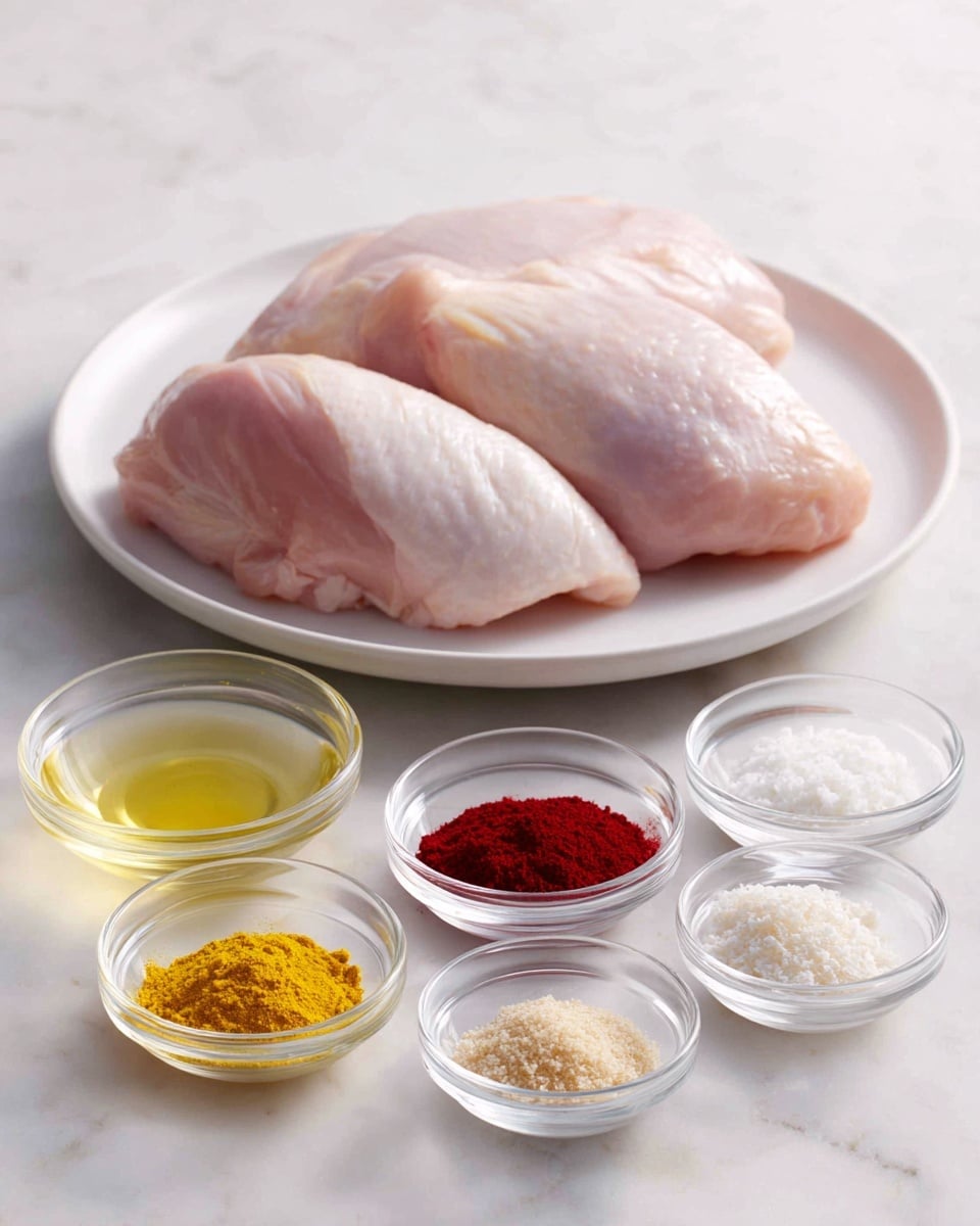 The image shows a white round plate holding three large raw chicken pieces with a pale pink color and smooth texture, placed on a white marbled textured surface. In front of the plate, there are five small clear glass bowls arranged in a shallow arc; the first bowl contains a clear, light yellow liquid, the second bowl holds a yellow powder, the third bowl has a bright red powder, the fourth bowl contains white granules, and the last bowl holds light brown powder. The scene is set on a white marbled textured surface. photo taken with an iphone --ar 4:5 --v 7