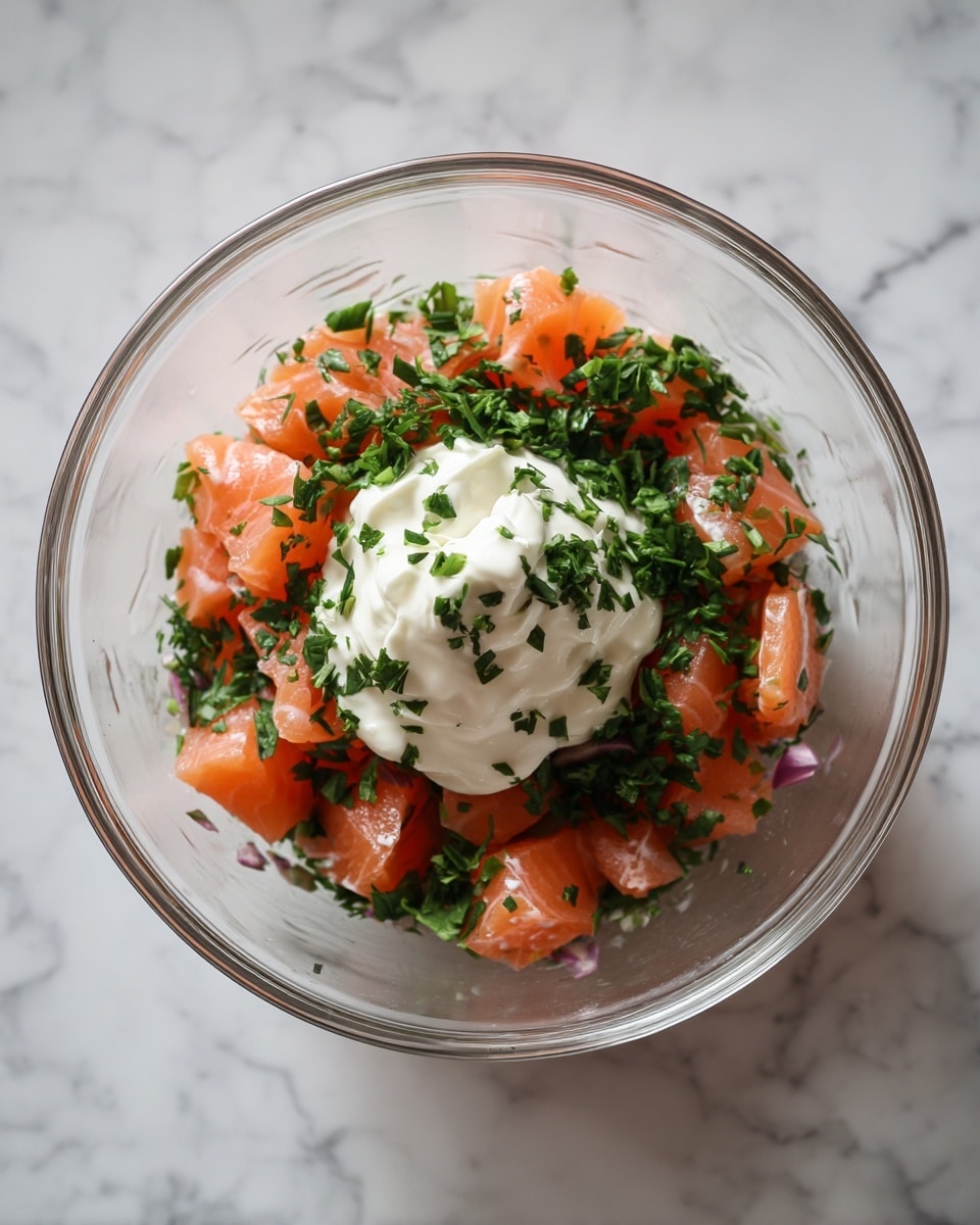 A clear glass bowl contains small pieces of raw salmon mixed with some green herbs at the bottom. On top of the salmon pieces, there is a dollop of thick white creamy sauce placed in the center. The bowl is shown from above, resting on a white marbled surface. photo taken with an iphone --ar 4:5 --v 7