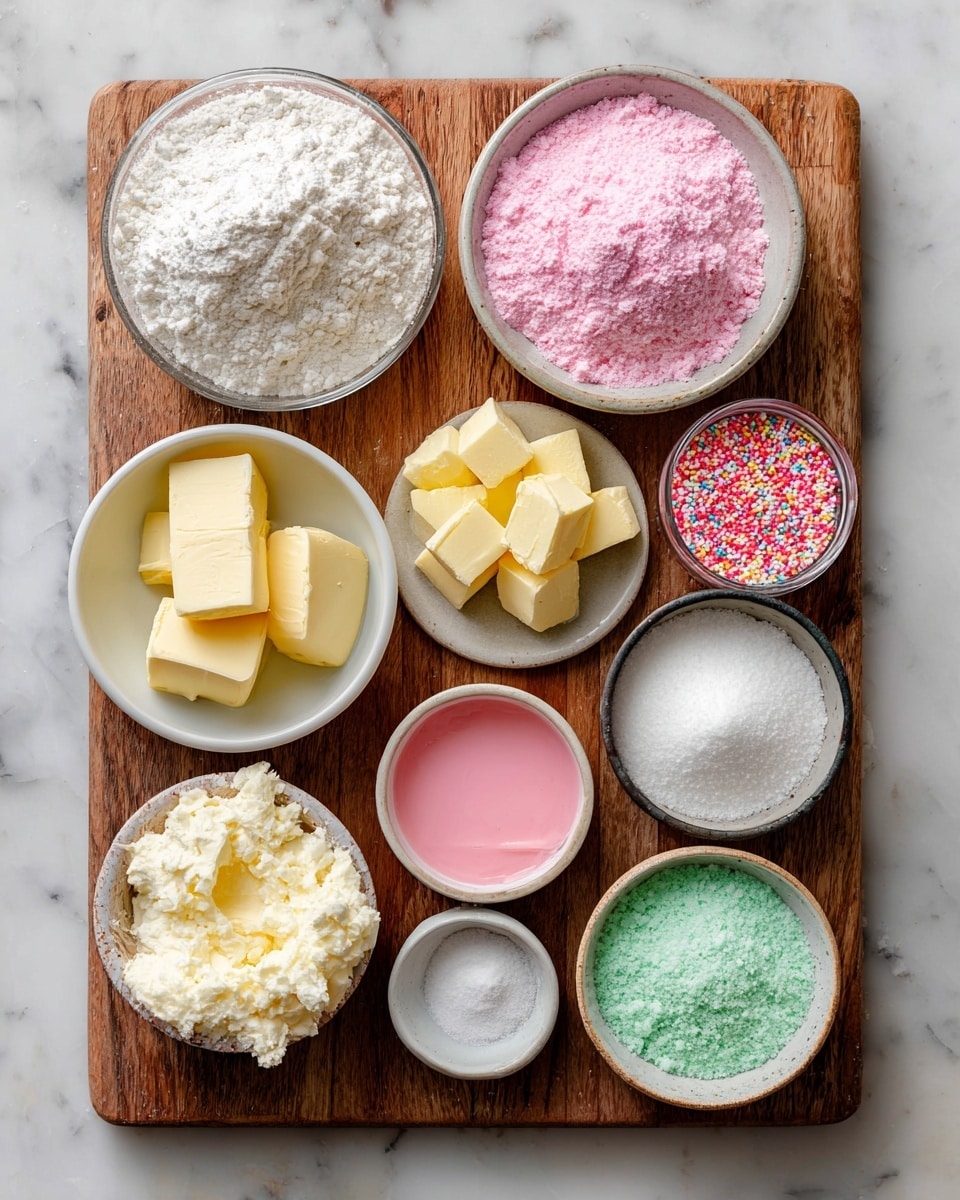 The image shows a four-part collage of baking steps on a white marbled background. The top left part has a clear glass bowl filled with plain white flour. The top right part shows a clear glass bowl containing yellow wet ingredients like eggs and oil. The bottom left part displays a clear glass bowl with bright red batter mixed smoothly and small white and pink round sprinkles next to it. The bottom right part has a metal cupcake tray lined with white paper cups filled evenly with the red batter. A pink cloth is partly visible along the left edge, and a woman's hand is gently touching the edge in two of the frames. Photo taken with an iphone --ar 4:5 --v 7