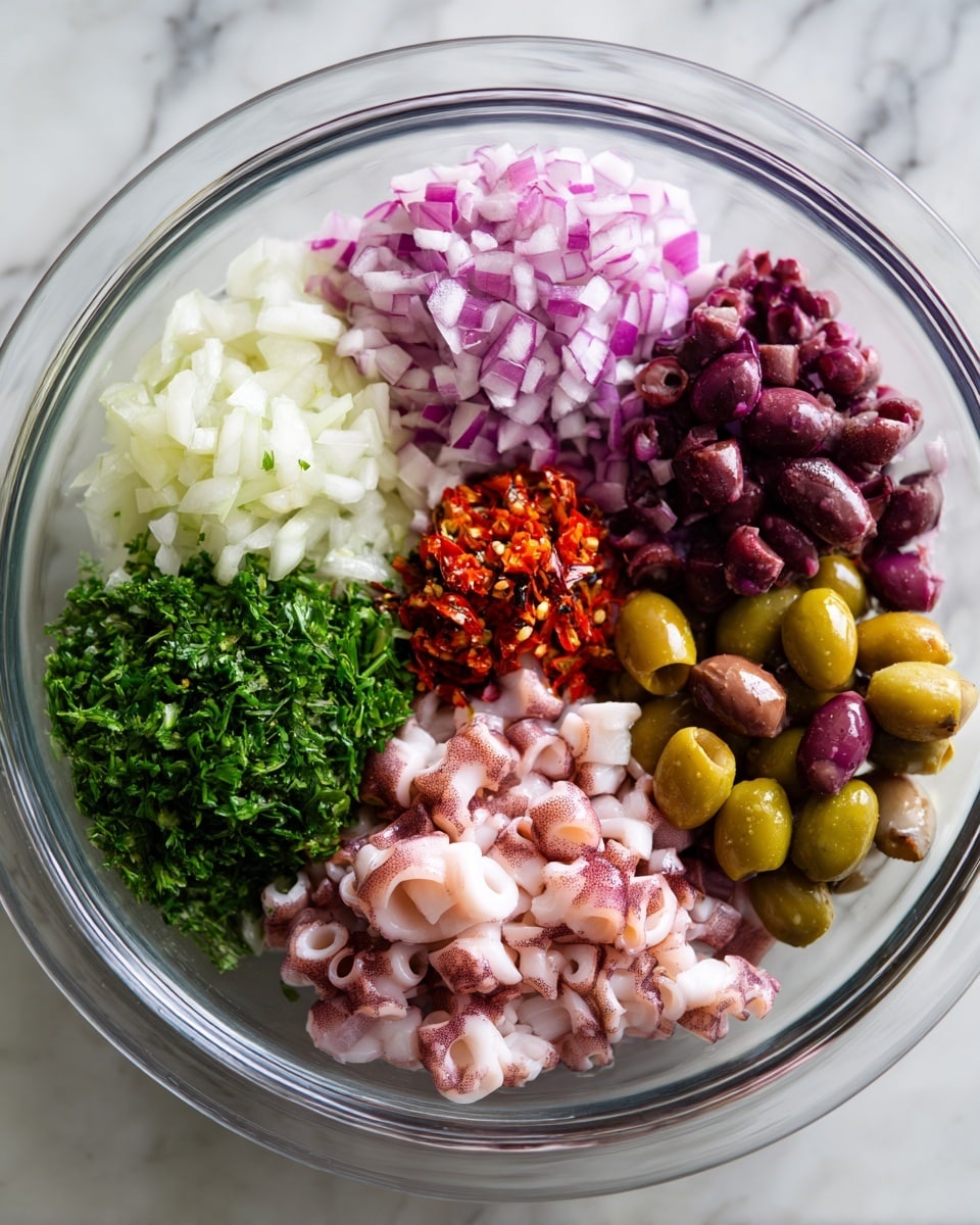 A clear glass bowl holds seven separate groups of ingredients arranged in a circular pattern. Starting from the top right and moving clockwise, there are pale pink pieces of sliced octopus with a slight texture, finely chopped bright green parsley, small pieces of red onion with a purplish color, sliced thin white garlic, chopped small bright red chili, pitted green olives mixed with dark purple olives, all resting on a white marbled surface. The photo is taken from above, showing the different textures and colors clearly. photo taken with an iphone --ar 4:5 --v 7