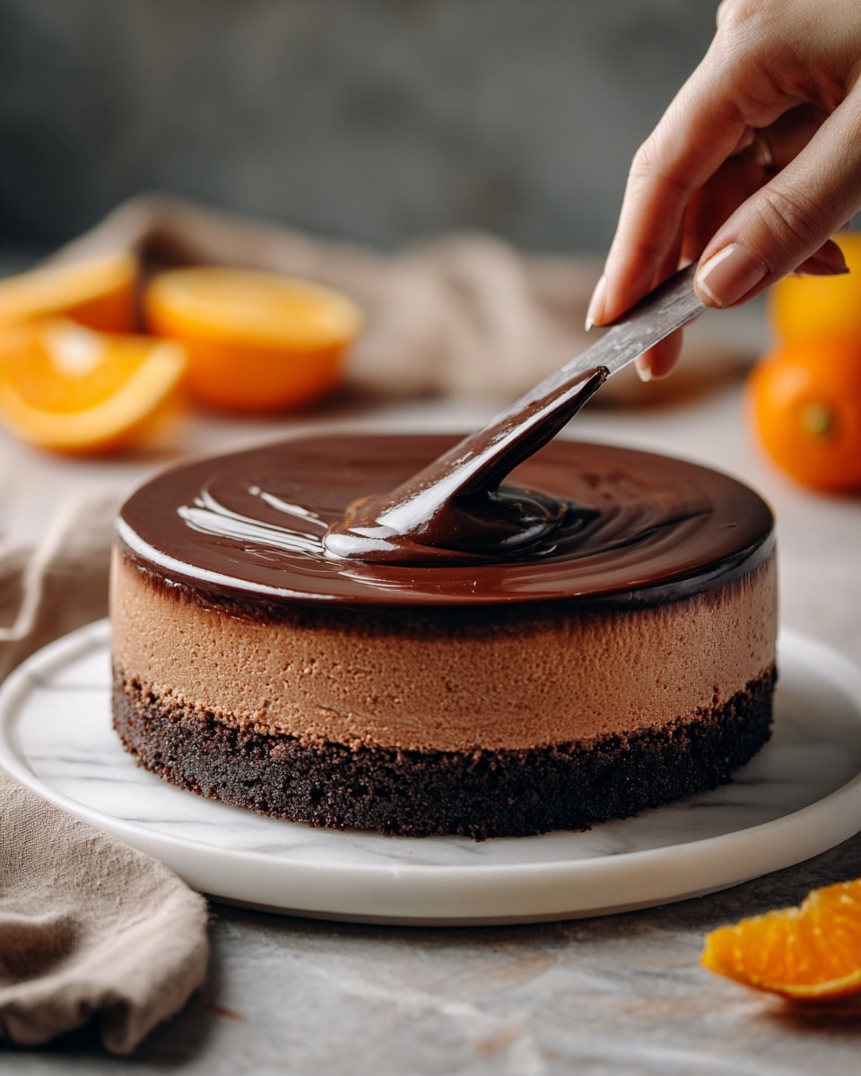 The image shows a three-layer round cake on a white plate with a white marbled surface underneath. The bottom layer is dark brown and crumbly, looking like a cookie crust. The middle layer is a lighter brown, smooth and thick like a cheesecake or mousse. The top layer is shiny dark chocolate being spread smoothly by a woman's hand holding a knife. In the background, there are whole oranges and half orange pieces slightly blurred. Photo taken with an iphone --ar 4:5 --v 7