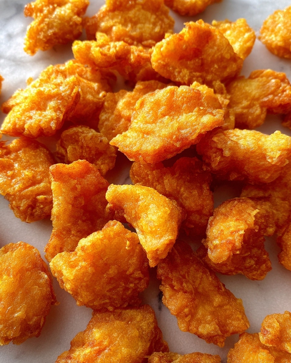 The image shows a close-up view of many small, crispy fried pieces with an uneven, crunchy texture and a golden-brown color. They are spread out over a white marbled surface, creating a sense of abundance. The pieces have irregular shapes and a rough, flaky coating that reflects light, making them look crunchy and appetizing. photo taken with an iphone --ar 4:5 --v 7