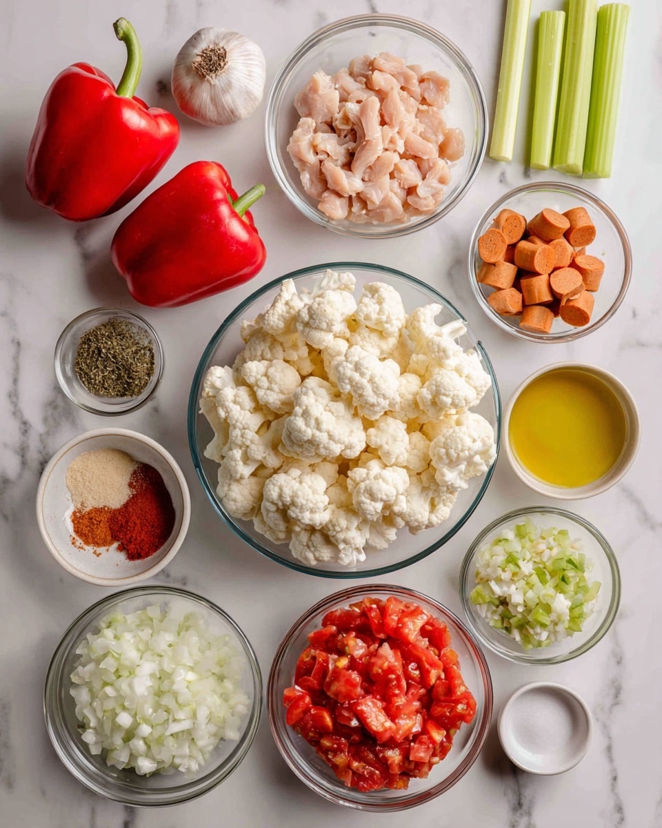 The image shows a top-down view of multiple clear glass bowls filled with various ingredients arranged on a white marbled surface. At the center is a large bowl filled with small, white cauliflower pieces. To the right of it, another bowl contains small pieces of light pink chicken. Above these bowls are several celery sticks lying flat and a whole garlic bulb. On the left side, a bowl with small, orange-brown sausage cubes is visible, with three smaller bowls nearby—one with reddish seasoning, one with dried herbs, and one with minced garlic. Below the large cauliflower bowl, there is a bowl of finely diced white onions and to the right, a bowl of chopped, cooked red tomatoes with green pieces mixed in. A small bowl with yellow oil and a small white bowl of salt are also part of the setup. Two red bell peppers rest on the left side of the image. photo taken with an iphone --ar 4:5 --v 7