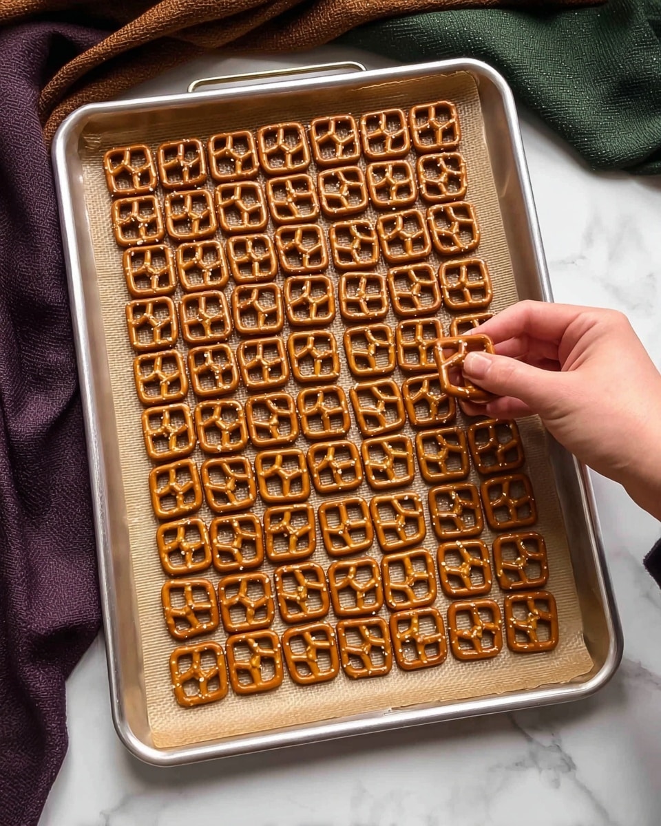 A metal baking tray lined with brown parchment paper holds a neat arrangement of square pretzels with a grid-like pattern, stacked closely in seven rows and eight columns. On the top right corner, a woman's hand is placing one more pretzel on the tray. The background is a white marbled surface with some draped brown and green fabrics nearby. photo taken with an iphone --ar 4:5 --v 7